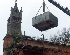 Scaffolding is being used to support teh gatehouse wall and an old water tank has been removed to help stabilise the structure.