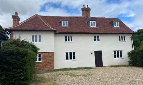 Lawneys Farm restoration front view - Grade II listed building dating from 13th century